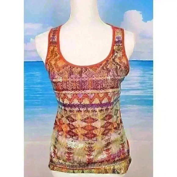 BONGO Tank Top RED SEQUIN Southwestern Shirt Racerback STRETCH Lightweight Med - Picture 3 of 6